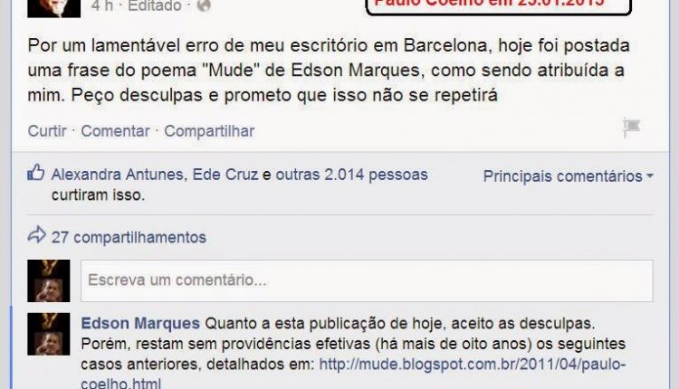 Paulo Coelho justificando o erro da sua publicação no Facebook em 23 01 2015
