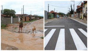 Rua Castorina Rosa de Carvalho, antiga rua 1, antes e depois processo de drenagem e pavimentação. A inauguração aconteceu recentemente. Foto de Ronald Pantoja 
