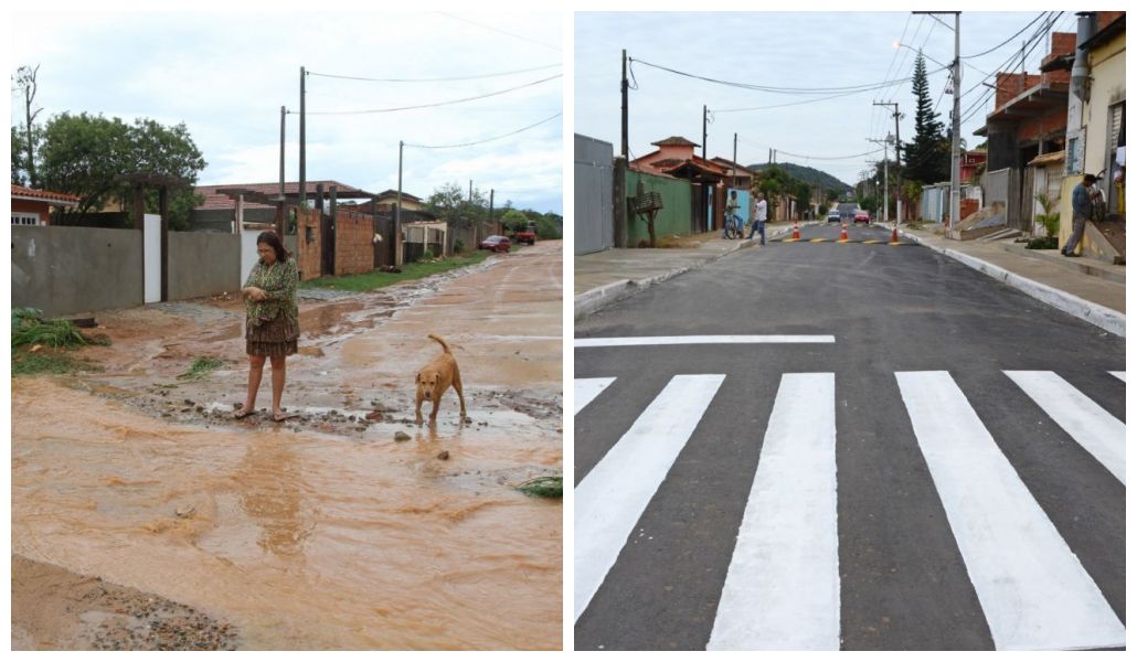 Rua Castorina Rosa de Carvalho, antiga rua 1, antes e depois  processo de drenagem e pavimentação. A inauguração aconteceu recentemente. Foto de Ronald Pantoja