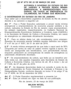 Lei estadual assegura renda mínima emergencial a empreendedores solidários
