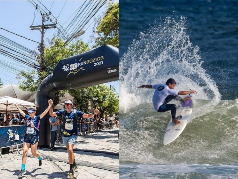 Na primeira imagem o XCRun 2021 e na segunda o surfista, morador de Búzios, Ayrton Dylan. | Fotos surf - Martín D'Alessandro/ Corrida  - divulgação.