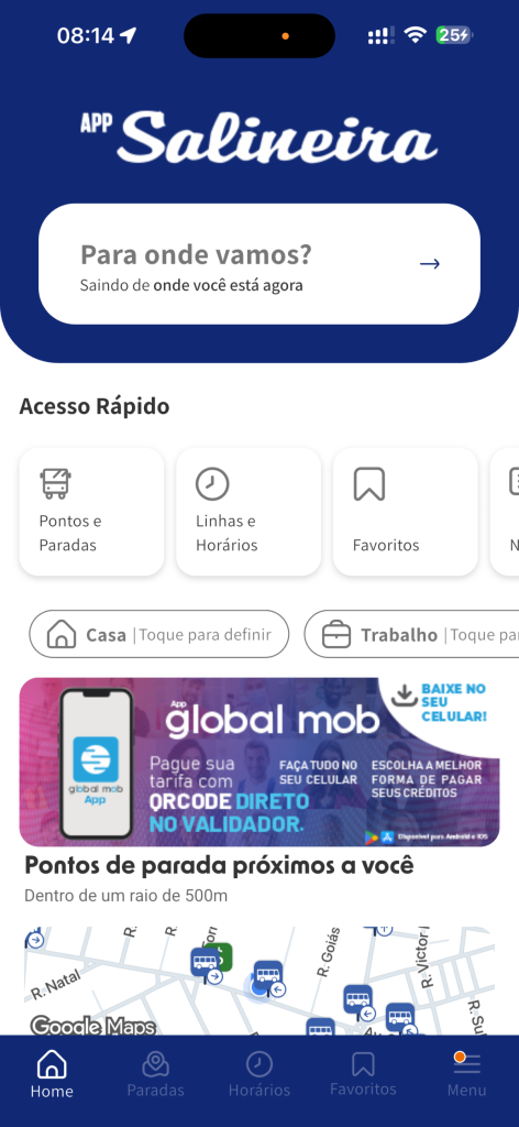 Tela do Aplicativo Salineira com os novos recursos disponíveis.
