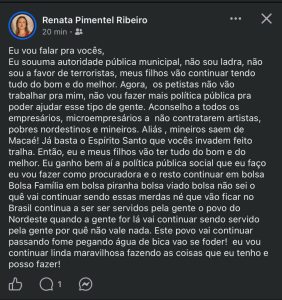 Ataques a nordestinos e eleitores de Lula em postagem atribuída a procuradora municipal causam espanto em Macaé