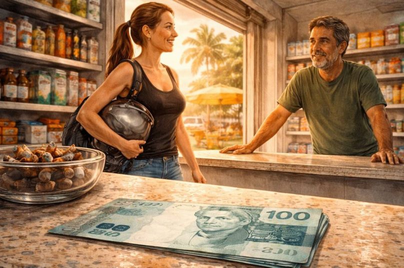 Nota de cem reais encontrada na Glamour Zero, loja de conveniência de Sandro Peixoto na Praça Santos Dumont, em Búzios, desencadeia uma sequência de versões e expõe, no cotidiano do comércio local, escolhas entre oportunismo e honestidade - Imagem ilustratvia gerada por IA