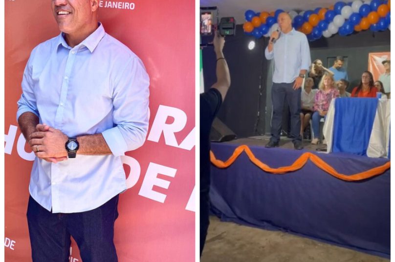 Leandro em dois momentos da convenção, discursando sobre sonho, paz, amor  e Deus, e já eleito pré-candidato pelo Solidariedade - reprodução