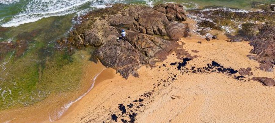 Voluntário tenta remover mancha de óleo da praia de Busca Vida, em Camaçari, na Bahia.