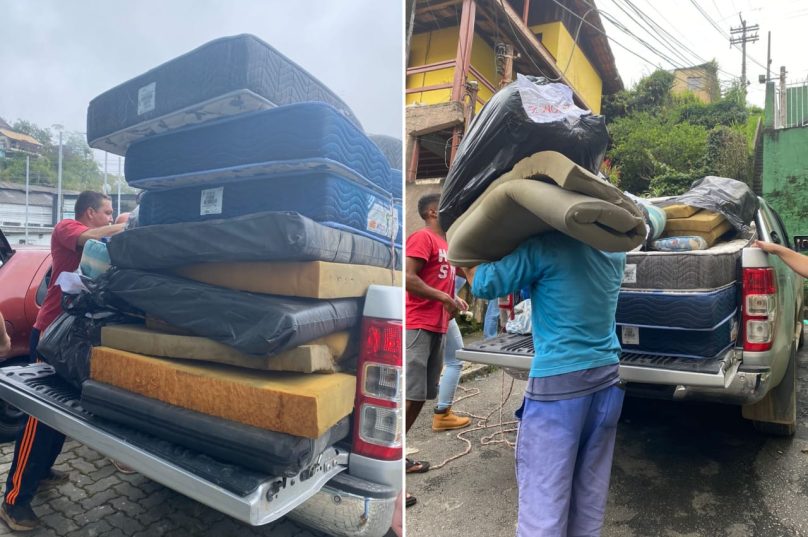 As doações sendo distribuídas para a população. | Imagem: SOS Serra | Reprodução
