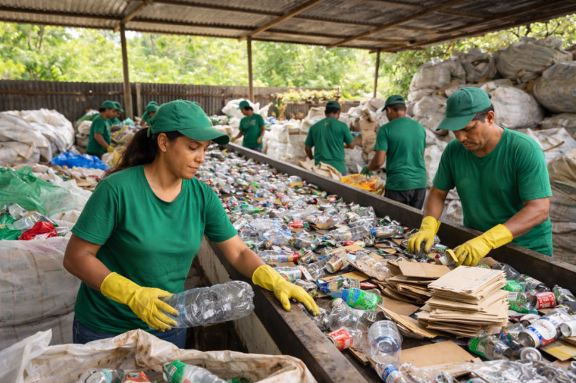 Triagem de materiais recicláveis em centro de separação e organização da coleta seletiva é apontada como etapa-chave para a destinação adequada dos resíduos sólidos - Imagem ilustrativa feita por IA
