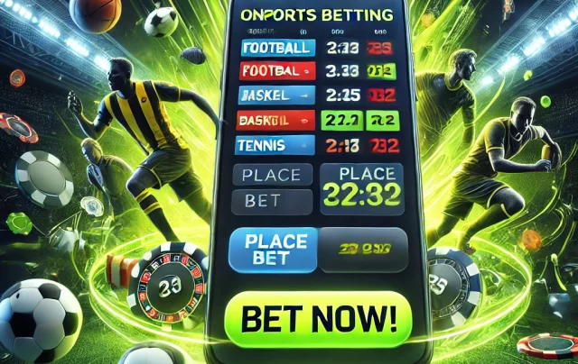 DALL·E 2024-10-07 10.17.49 - A dark background with neon green and yellow accents showcasing the excitement of online betting. In the center, a smartphone screen displays a sports