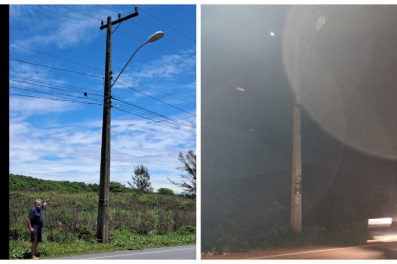 Luis Antonio mostra um dos diversos pontos sem iluminação na RJ102 - A falta de manutenção da iluminação pública desde a rotatória de acesso a Buzios até o Cruzeiro, além de dificultar a visibilidade dos motoristas que chegam a Buzios a noite, transmite uma sensação de insegurança e desleixo com o acesso a cidade