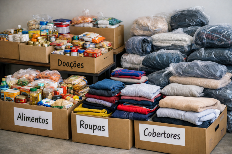 Donativos organizados para envio às vítimas das chuvas: alimentos não perecíveis, roupas, cobertores e itens de higiene são separados por categoria antes do transporte - Imagem ilustrativa gerada por IA (Prensa se Babel)