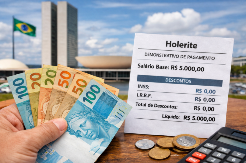 Mudança no sistema tributário que amplia a isenção para salários de até R$ 5 mil a partir de 2026. Imagem Prensa de Babel- gerada por IA