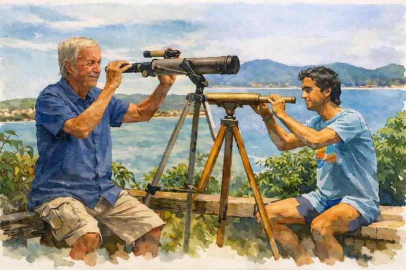 Octavio Raja Gabaglia, aos 20 anos e hoje, diante da mesma paisagem de Búzios — o tempo passa, a cidade permanece em disputa. Ilustração / Agência Prensa de Babel