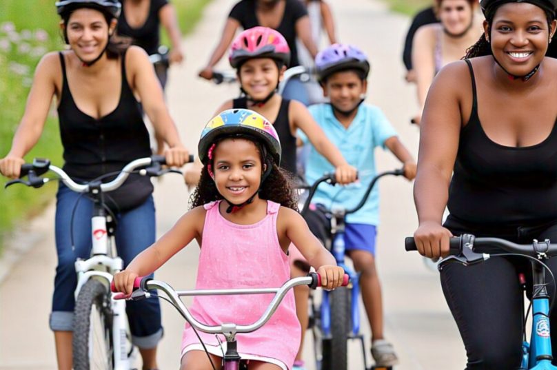 Participantes se reúnem no Pórtico de Búzios para a Pedalada Inclusiva 2025, em apoio à conscientização do autismo. Imagem ilustrativa gerada por IA