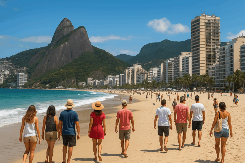Turistas caminham pela orla do Rio de Janeiro em frente a hotéis e edifícios à beira-mar — *imagem gerada por inteligência artificial.