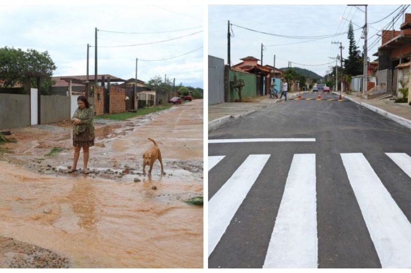 Rua Castorina Rosa de Carvalho, antiga rua 1, antes e depois  processo de drenagem e pavimentação. A inauguração aconteceu recentemente. Foto de Ronald Pantoja