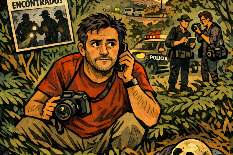 Ilustração inspirada em fato real retrata o dilema de um repórter diante da descoberta de uma ossada em área de mata em Búzios. Crédito: Ilustração / Agência Prensa de Babel