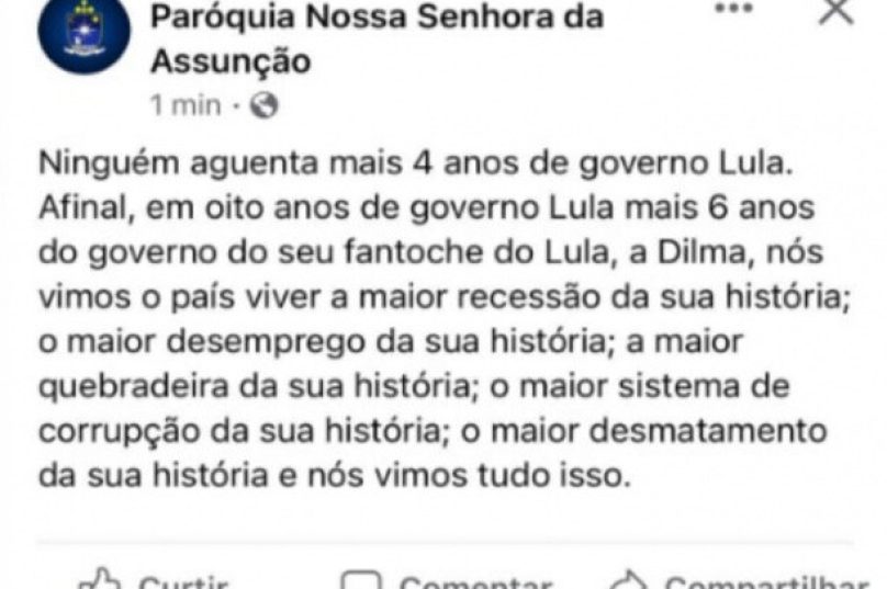 Postagem já foi apagada das redes da Paroquia