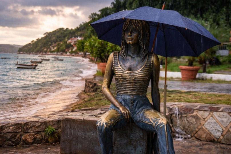 Estátua de Brigitte Bardot em Búzios sob chuva, representando o tempo instável.
Imagem ilustrativa gerada por IA