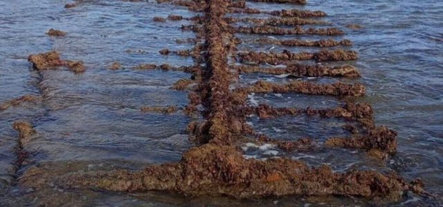 A embarcação, que serviu ao Império do Brasil durante a Guerra do Paraguai, emergiu parcialmente entre as praias do Canto e da Armação,