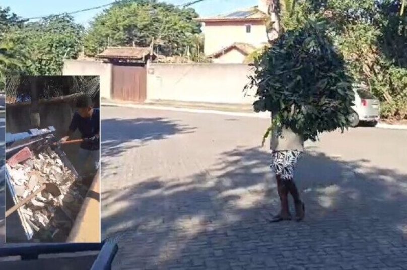 duas fotos sobrepostas mostram os dois momentos de ilegalidades comuns no descarte de lixo em Búzios - Reprodução
