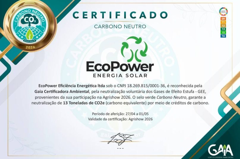 Neutralização de GEE: EcoPower é certificada na Agrishow