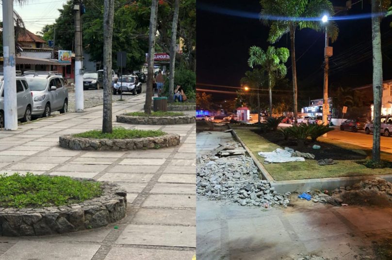 Primeira imagem: Área da Praça Santos Dumont antes das obras para a revitalização. Segunda imagem: A mesma área em processo de revitalização. | Imagem 1: Matheus Coutinho. Imagem 2: Reprodução