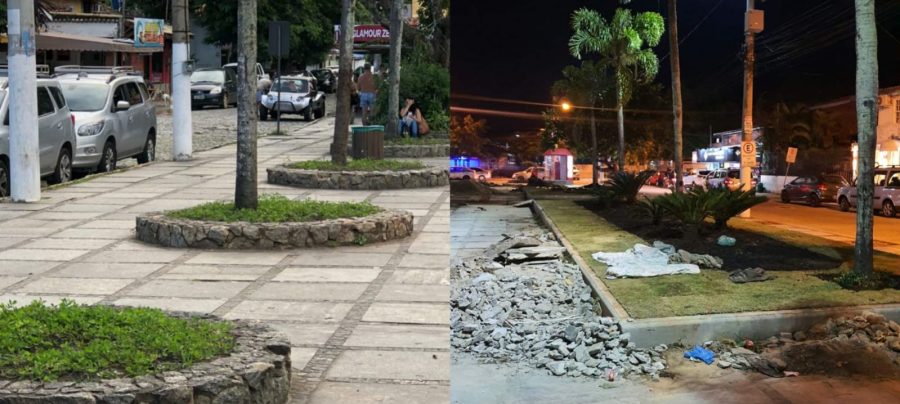 Primeira imagem: Área da Praça Santos Dumont antes das obras para a revitalização. Segunda imagem: A mesma área em processo de revitalização. | Imagem 1: Matheus Coutinho. Imagem 2: Reprodução