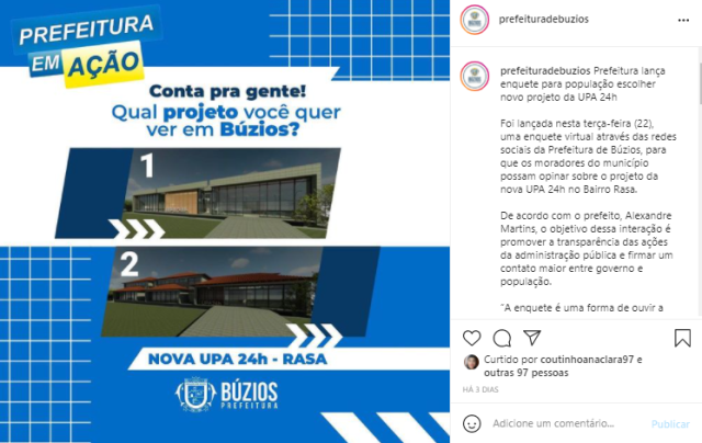 Enquete no Instagram da Prefeitura de Búzios para escolha do projeto estrutural da UPA da Rasa