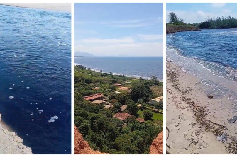 Frames de vídeos enviados por moradores mostram água escura e sinais de esgoto na foz do Rio Una; mancha já avança em direção a Búzios