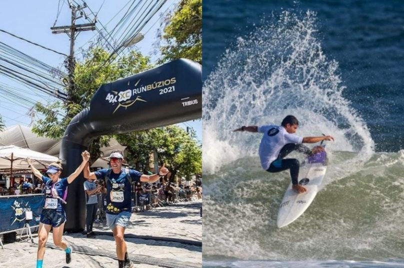 Na primeira imagem o XCRun 2021 e na segunda o surfista, morador de Búzios, Ayrton Dylan. | Fotos surf - Martín D'Alessandro/ Corrida  - divulgação.