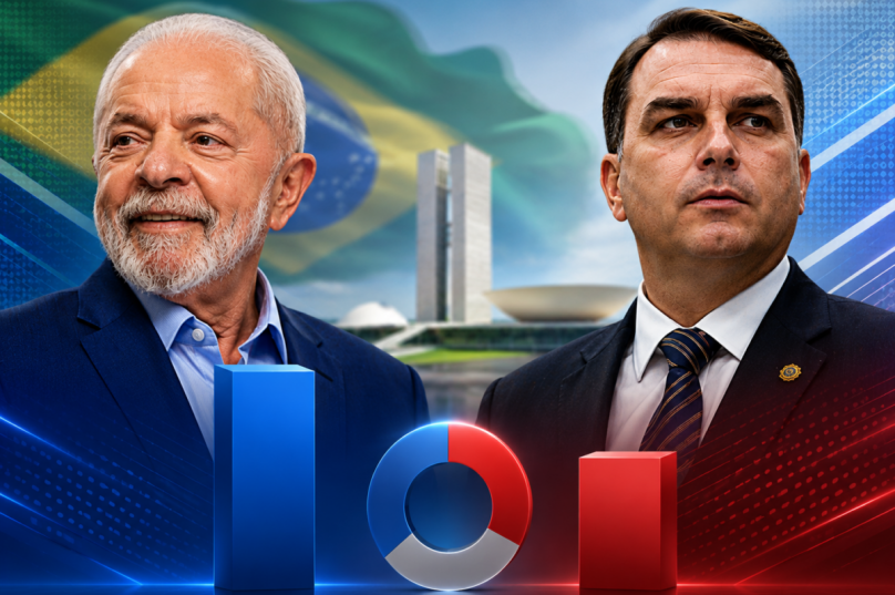 Pesquisa CNT/MDA mostra Lula à frente de Flávio Bolsonaro em eventual segundo turno nas eleições de 2026 I Imagem gerada com auxílio de IA