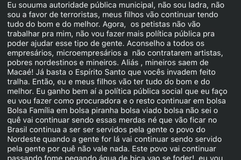 Captura de tela de publicação atribuída a Renata Pimentel Ribeiro com declarações contra eleitores de Lula e nordestinos.