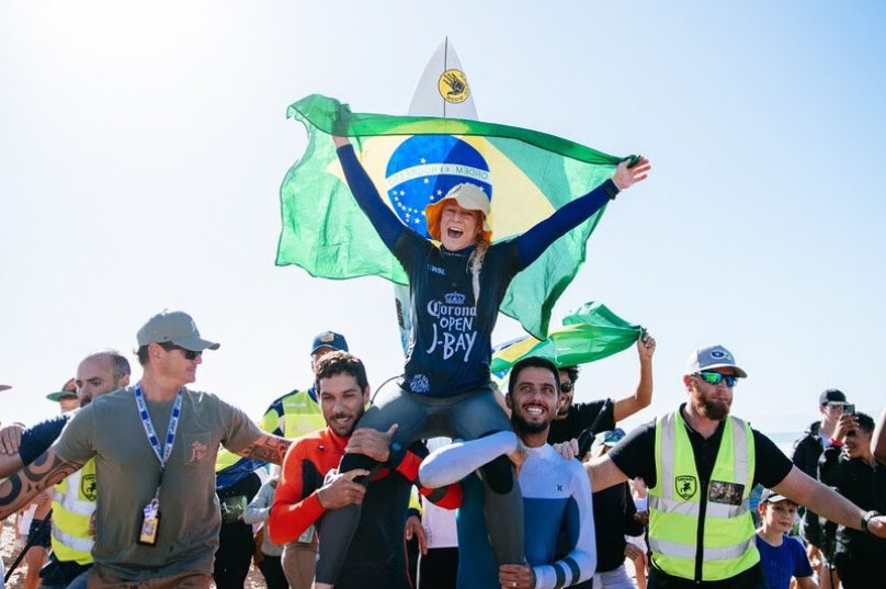 JEFFREYS BAY, EASTERN CAPE, SOUTH AFRICA - JULY 15: Tatiana Weston-Webb of Brazil after winning the Final at the Corona Open J-Bay on July 15, 2022 at Jeffreys Bay, Eastern Cape, South Africa. (Photo by Beatriz Ryder/World Surf League)